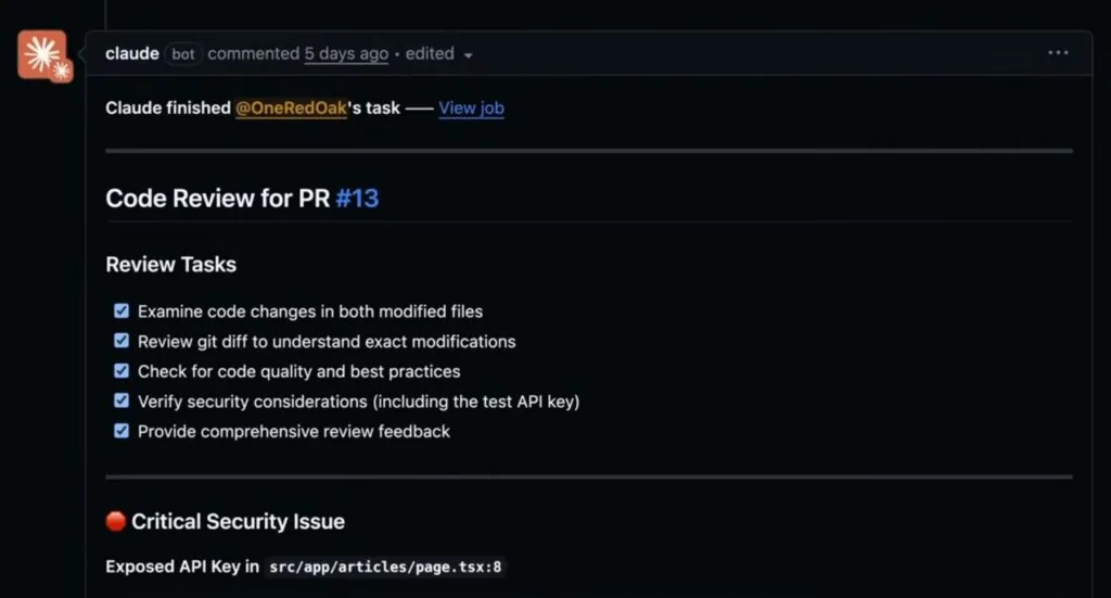 Screenshot of Claude Code Review bot flagging an exposed API key in a pull request