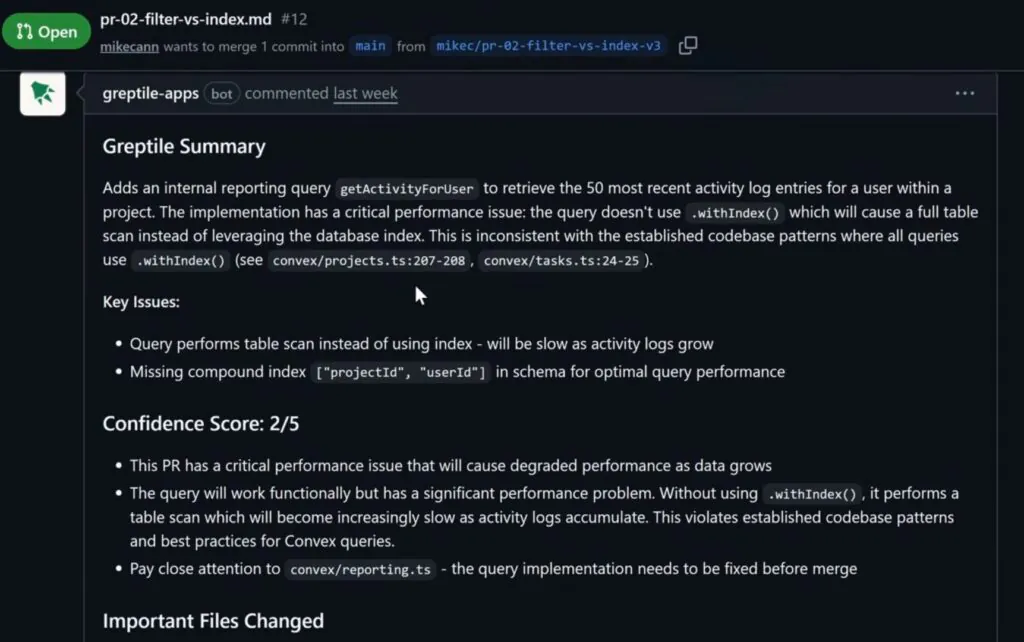 Screenshot of Greptile AI code review comment flagging a query performance issue on GitHub