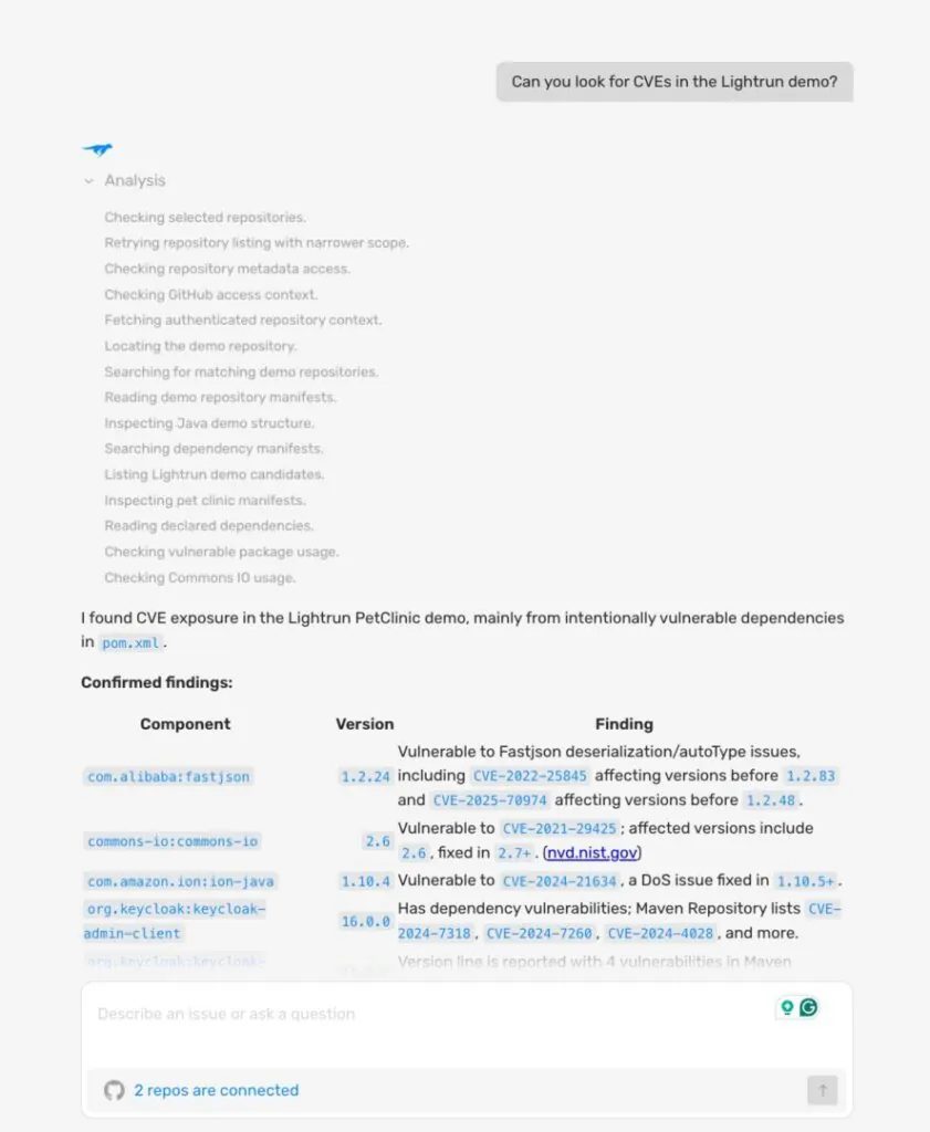 Lightrun AI SRE chat interface listing confirmed CVE findings across five dependencies, including fastjson and keycloak-admin-client, with affected and fixed versions