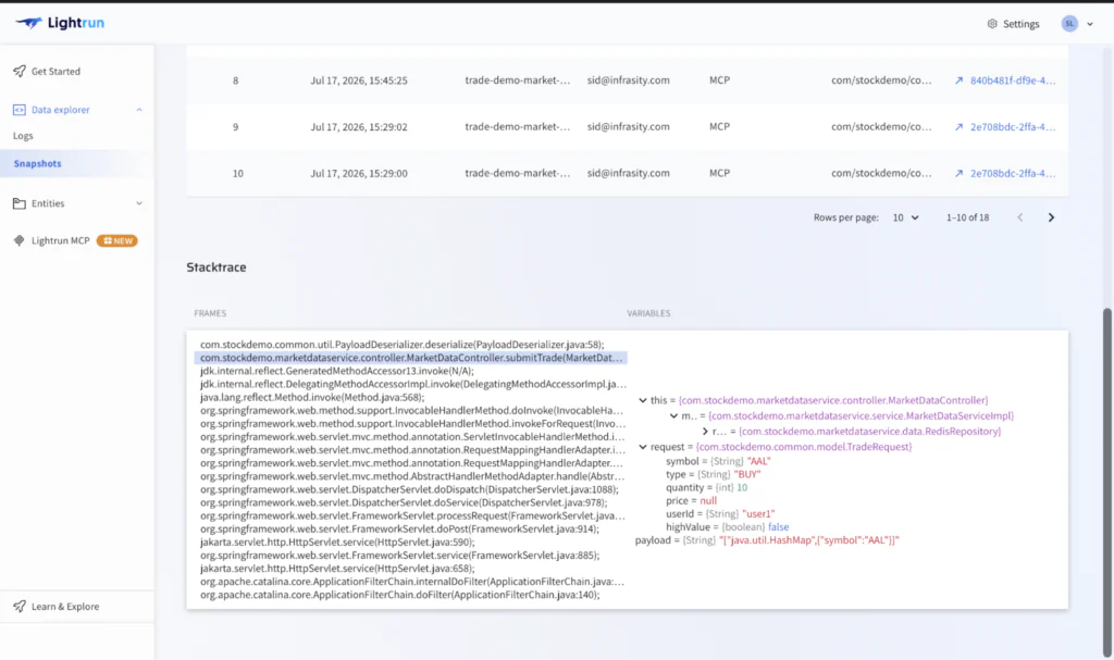Lightrun stacktrace snapshot showing a live BUY trade order for AAL invoking PayloadDeserializer.deserialize() in market-data-service