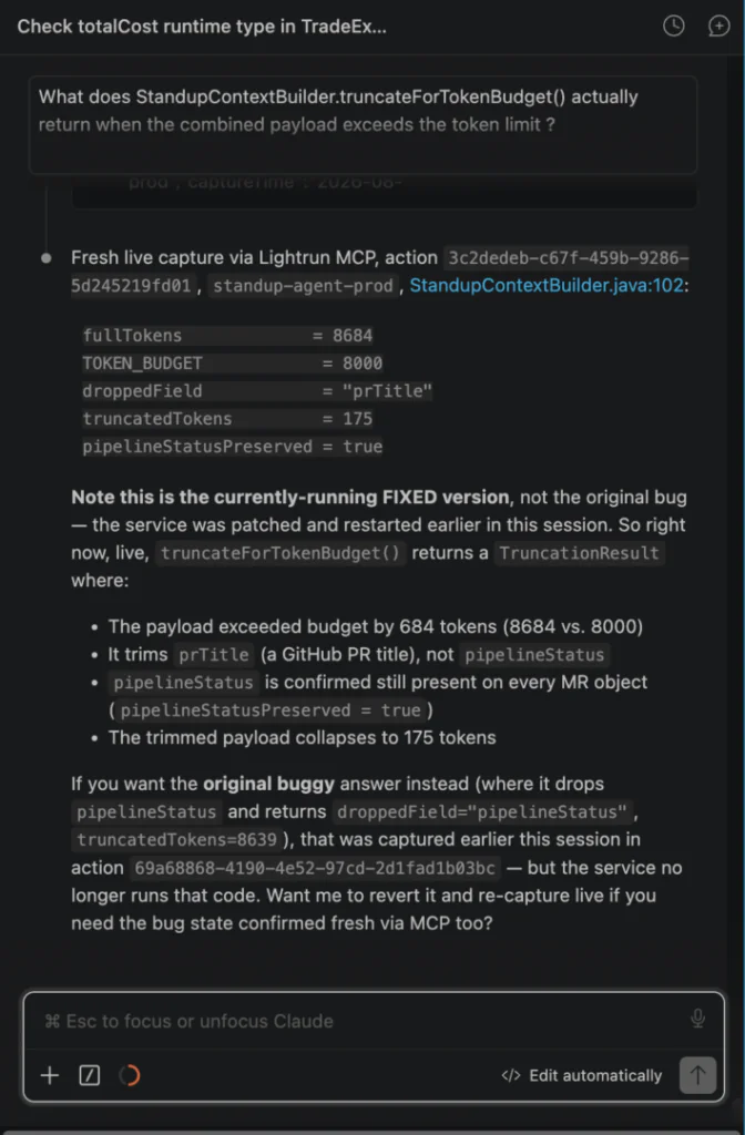 Lightrun MCP query confirming the fixed truncateForTokenBudget() function preserves pipelineStatus and trims prTitle instead