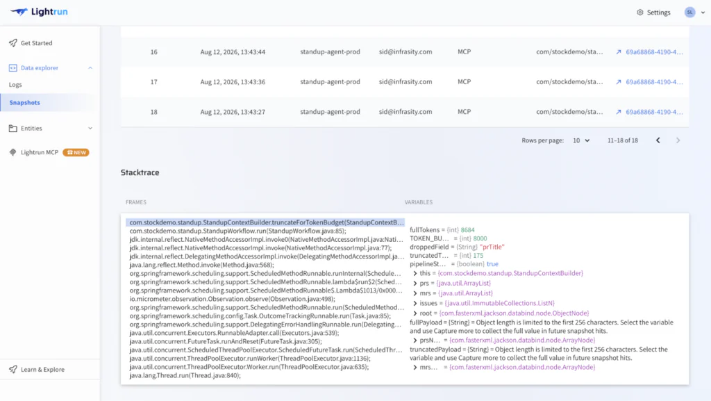 Lightrun runtime snapshot confirming pipelineStatusPreserved is true after the truncation fix is deployed