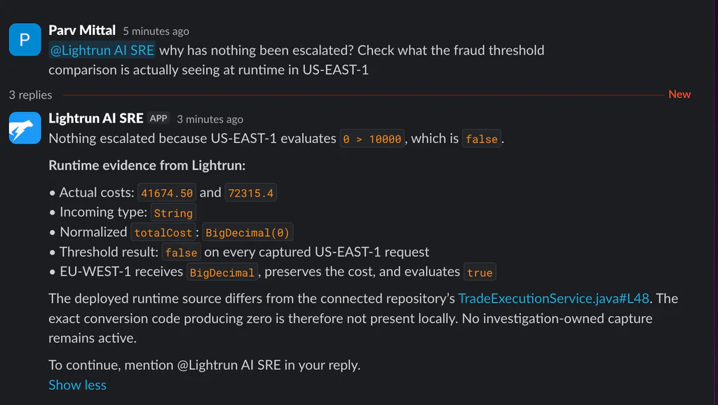 Slack thread where Lightrun AI SRE explains US-EAST-1 evaluating 0 > 10000 as false from runtime evidence