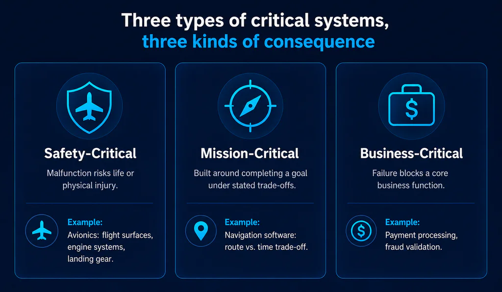 Safety-critical, mission-critical and business-critical systems compared with avionics, navigation and payment examples