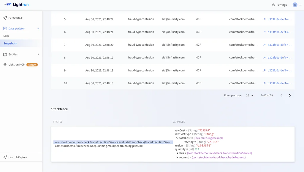 Lightrun snapshots stacktrace showing totalCost correctly normalized to BigDecimal after the fix