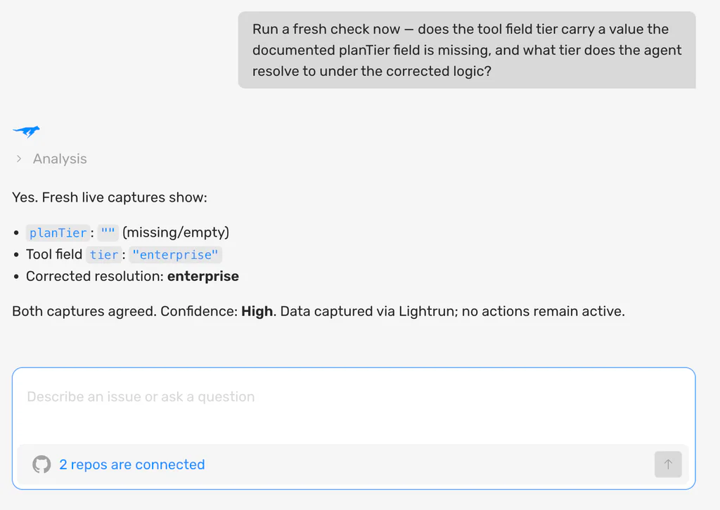 Lightrun runtime capture showing planTier empty, the tier field set to enterprise, and the corrected logic resolving the customer to enterprise"