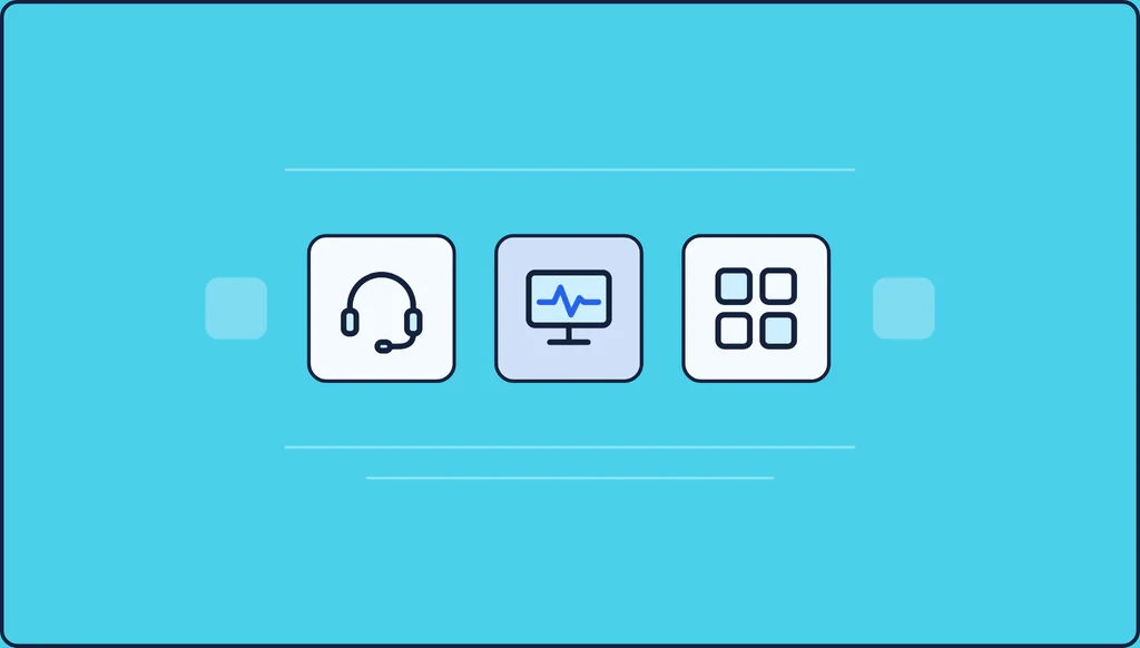 Support headset, monitoring screen and module grid icons representing SAP managed services after go-live