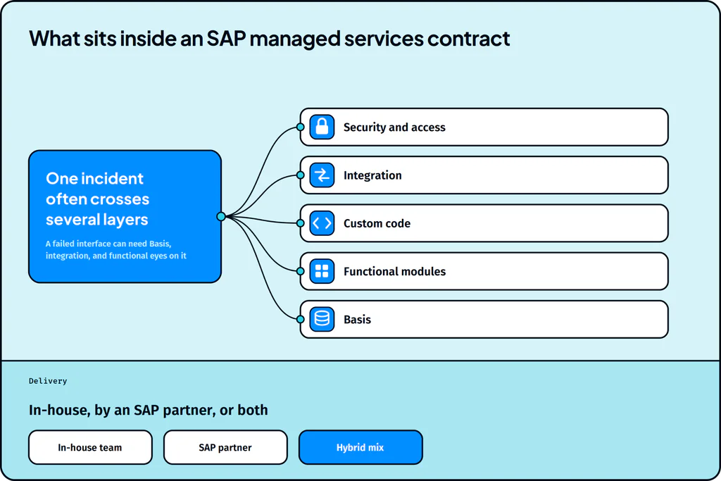 SAP managed services contract layers: security, integration, custom code, functional modules and Basis, with delivery options