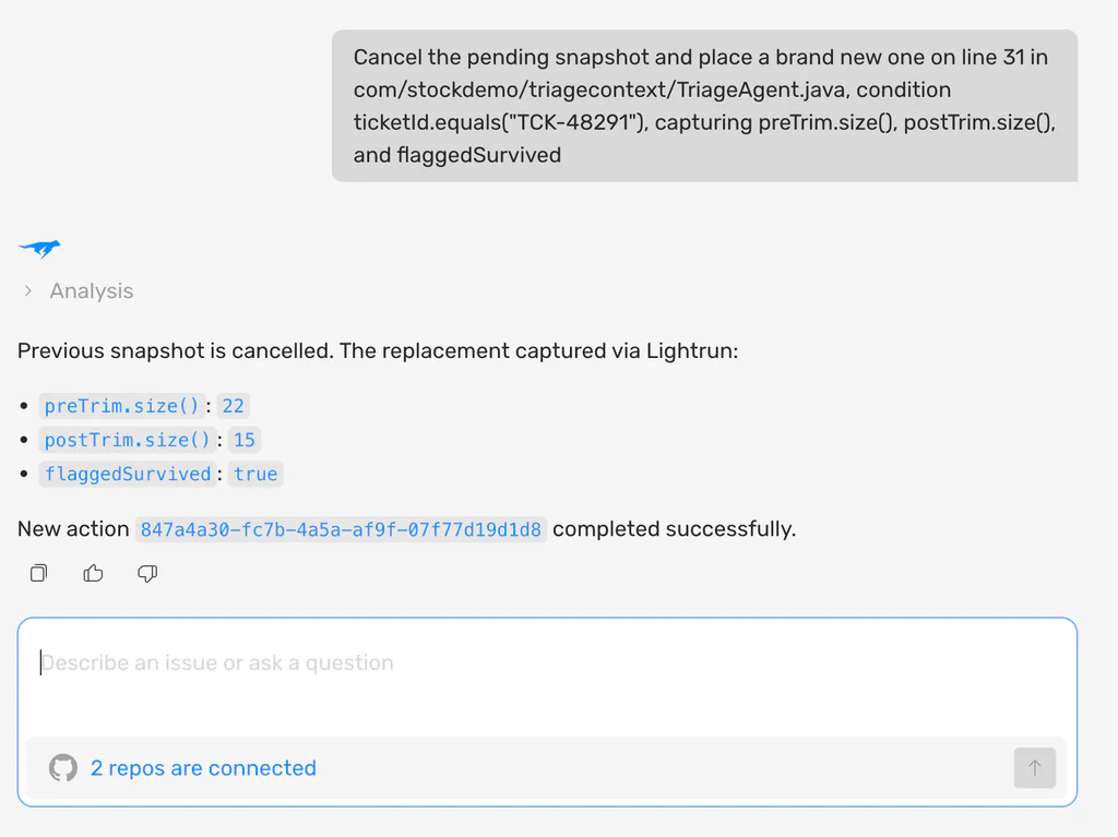 Screenshot of an AI coding assistant chat showing a replacement snapshot confirming the fix, with flaggedSurvived now returning true after the trimming logic was corrected