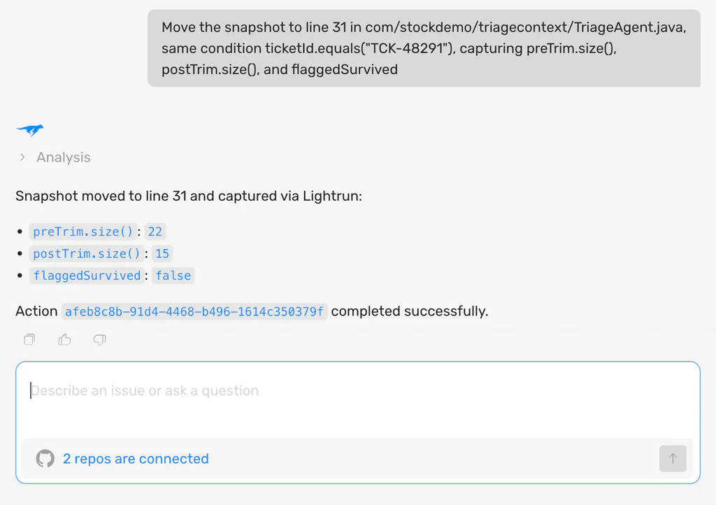 Screenshot of an AI coding assistant chat showing a conditional snapshot placed in TriageAgent.java, capturing preTrim and postTrim message counts and whether the flagged message survived